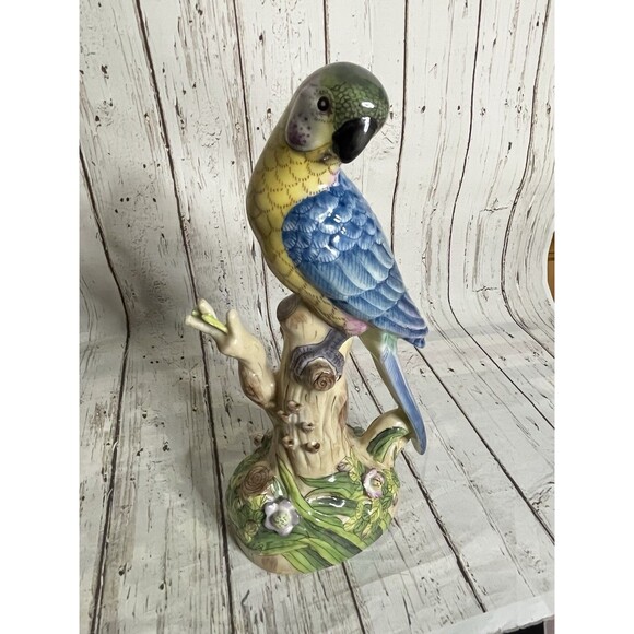 Porcelain Parrot Figure Hand Painted Blue & Yellow Ornate Statue 11” By Sadek